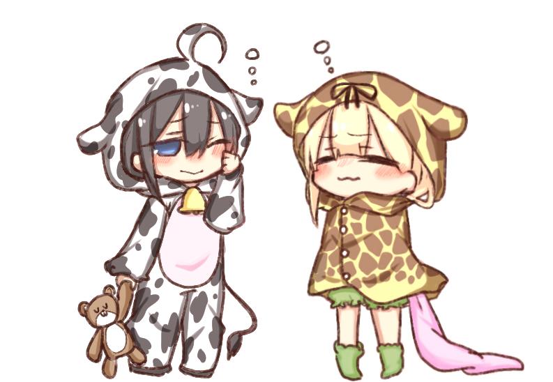 2girls alternate_costume animal_costume black_hair black_ribbon blonde_hair blue_eyes closed_eyes closed_mouth commentary cow_costume hair_flaps hair_ribbon holding_stuffed_animal jako_(jakoo21) kantai_collection long_sleeves multiple_girls one_eye_closed pajamas remodel_(kantai_collection) ribbon shigure_(kantai_collection) sleepy stuffed_animal stuffed_toy teddy_bear yuudachi_(kantai_collection)