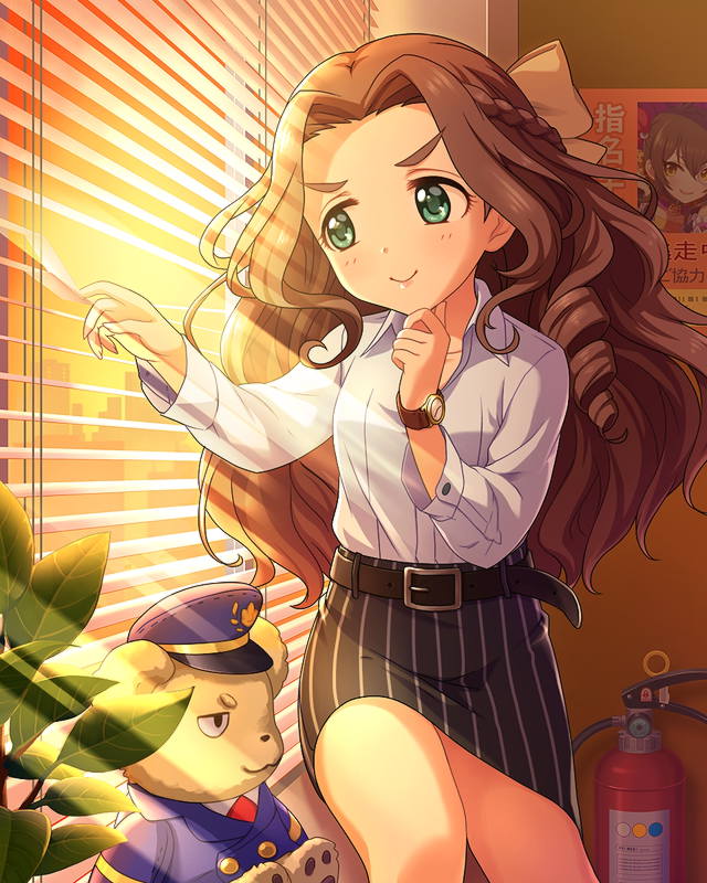 1girl artist_request belt blinds bow braid brown_hair fire_extinguisher green_eyes hair_bow hair_ornament half_updo idolmaster idolmaster_cinderella_girls kusakabe_wakaba long_hair official_art pencil_skirt shirt skirt solo stuffed_animal stuffed_toy teddy_bear watch watch white_shirt