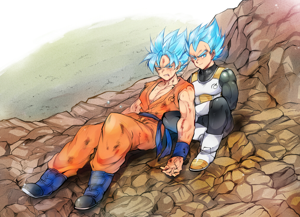 2boys armor ayo_(isy8800) blue_boots blue_eyes blue_hair boots bruise dirty_clothes dougi dragon_ball dragon_ball_z gloves injury leaning_on_person multiple_boys one_eye_closed sitting son_gokuu super_saiyan super_saiyan_god_super_saiyan vegeta white_boots white_gloves widow's_peak wristband