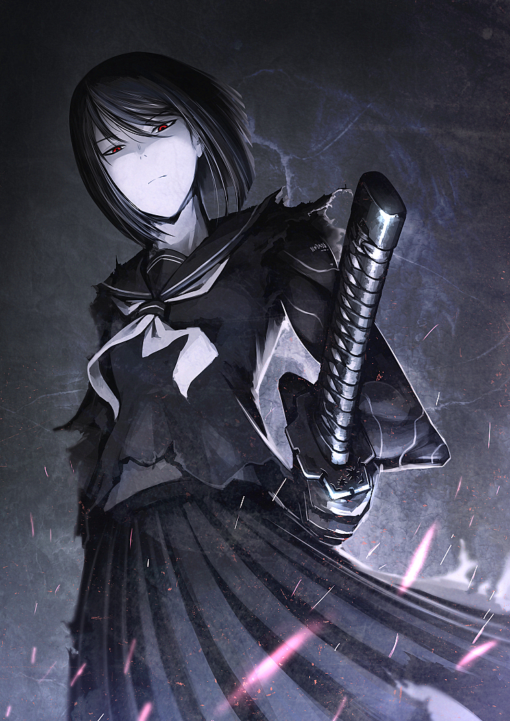 1girl black_hair bob_cut cyborg electricity expressionless hetza_(hellshock) katana looking_at_viewer mechanical_arm original pleated_skirt red_eyes school_uniform serafuku short_hair skirt solo sparks sword torn_clothes weapon