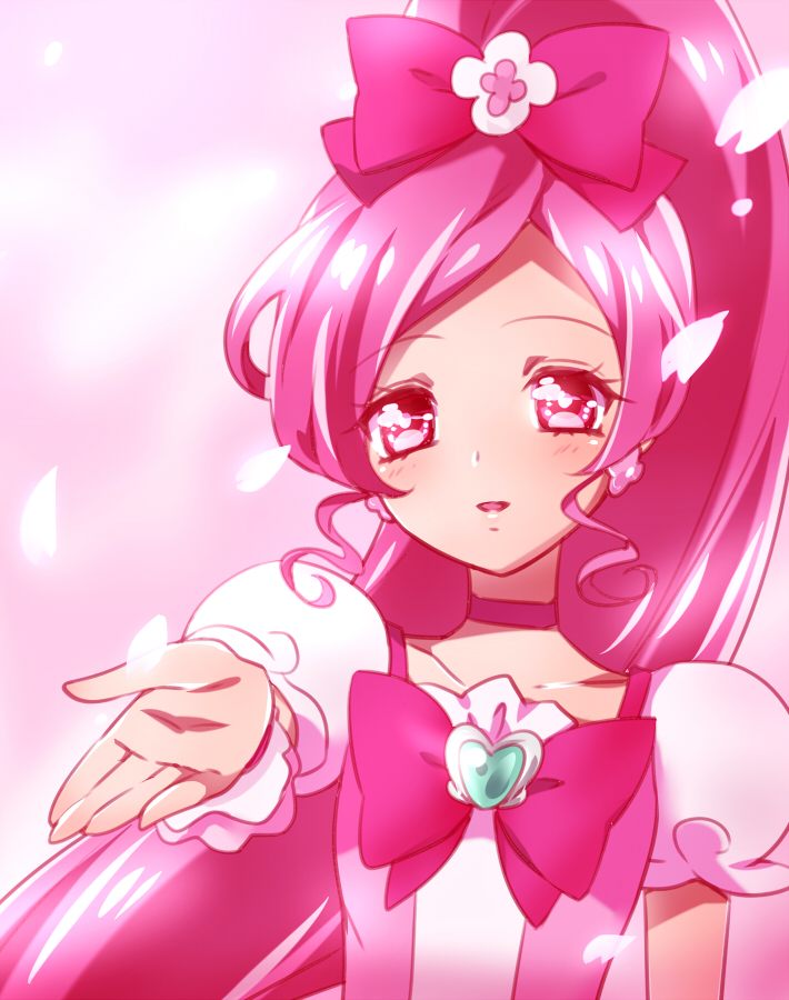 1girl blush bow brooch cure_blossom flower hair_bow hair_flower hair_ornament hanasaki_tsubomi heartcatch_precure! jewelry kagami_chihiro long_hair looking_at_viewer magical_girl outstretched_hand parted_lips petals pink pink_background pink_bow pink_choker pink_eyes pink_hair ponytail precure puffy_sleeves solo upper_body