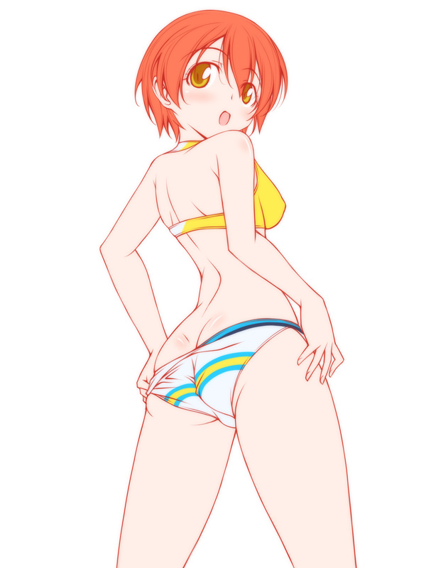 1girl adjusting_clothes adjusting_swimsuit ass bikini blush cowboy_shot from_behind hoshizora_rin kikuchi_tsutomu looking_at_viewer looking_back love_live!_school_idol_project multicolored_bikini open_mouth orange_hair short_hair smile solo standing swimsuit white_background yellow_eyes