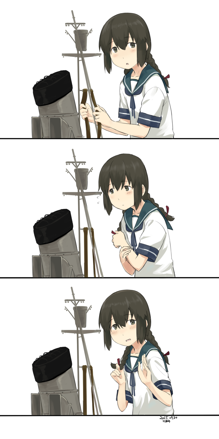 1girl blush braid comic dated fidgeting highres isonami_(kantai_collection) kantai_collection kawashina_(momen_silicon) looking_at_viewer machinery school_uniform serafuku short_sleeves signature solo twin_braids white_background