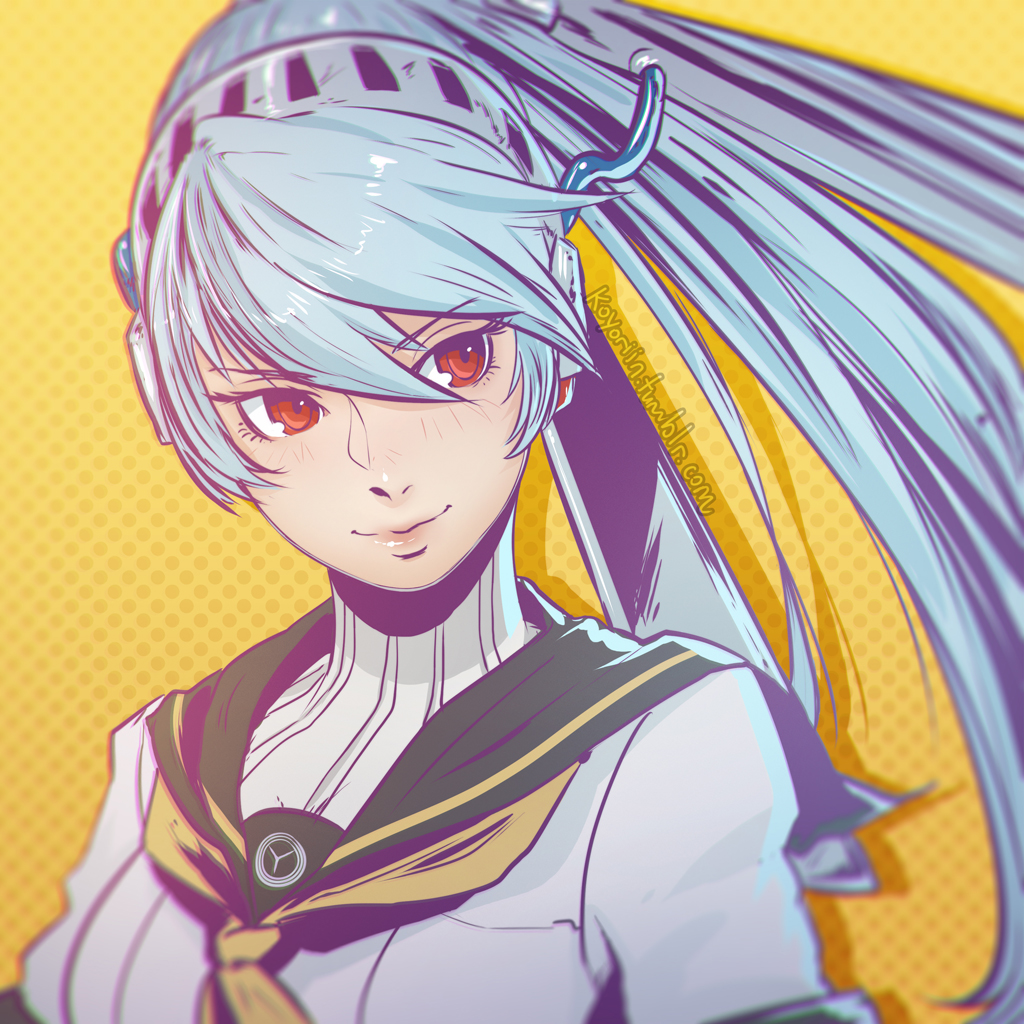 1girl android clockwork-cadaver labrys long_hair persona persona_4 persona_4:_the_ultimate_in_mayonaka_arena ponytail red_eyes school_uniform smile solo