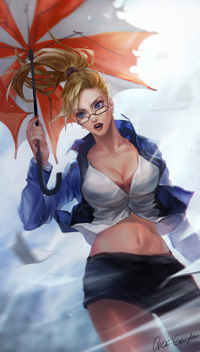 1girl bespectacled blonde_hair blue_eyes breasts cleavage earrings glasses highres jacket janna_windforce jewelry large_breasts league_of_legends long_hair looking_to_the_side midriff miniskirt open_mouth oreki_genya pencil_skirt ponytail rain skirt solo umbrella underwear