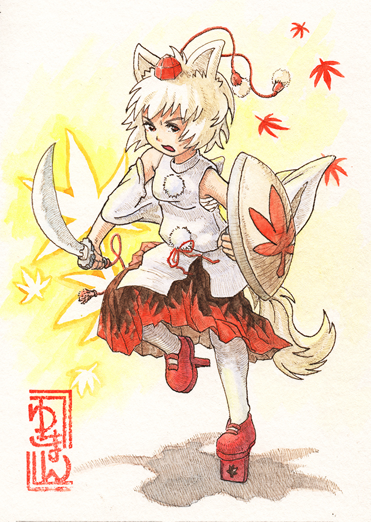 1girl animal_ears autumn_leaves blush breasts detached_sleeves geta hat inubashiri_momiji leaf looking_at_viewer open_mouth pom_pom_(clothes) red_eyes sarashi shield short_hair silver_hair skirt solo sword tail thigh-highs tokin_hat touhou traditional_media weapon white_legwear wolf_ears wolf_tail yukiman