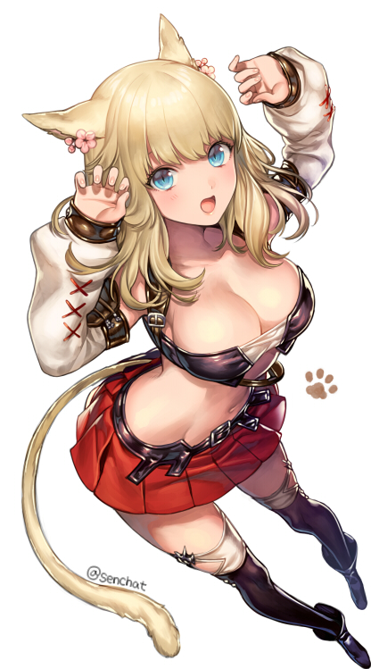 1girl :d animal_ears blonde_hair blue_eyes blush boots breasts cat_ears cat_tail cleavage detached_sleeves earrings final_fantasy final_fantasy_xiv flower flower_earrings jewelry kinm large_breasts long_hair looking_at_viewer miniskirt miqo'te navel open_mouth paw_pose paw_print simple_background skirt smile solo strapless tail thighhighs tubetop white_background white_legwear zettai_ryouiki