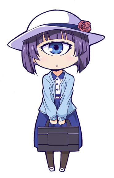 1girl blue_eyes briefcase chibi cyclops full_body hat manako masaki_itsuki monster_musume_no_iru_nichijou one-eyed purple_hair simple_background skirt solo white_background