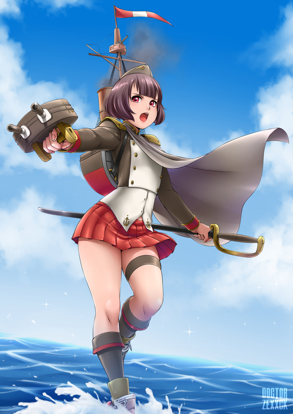 1girl bob_cut brown_hair cape doctorzexxck garrison_cap hat highres ironclad_huascar kantai_collection machinery open_mouth original peru red_eyes short_hair skirt solo standing standing_on_water sword turret uniform weapon