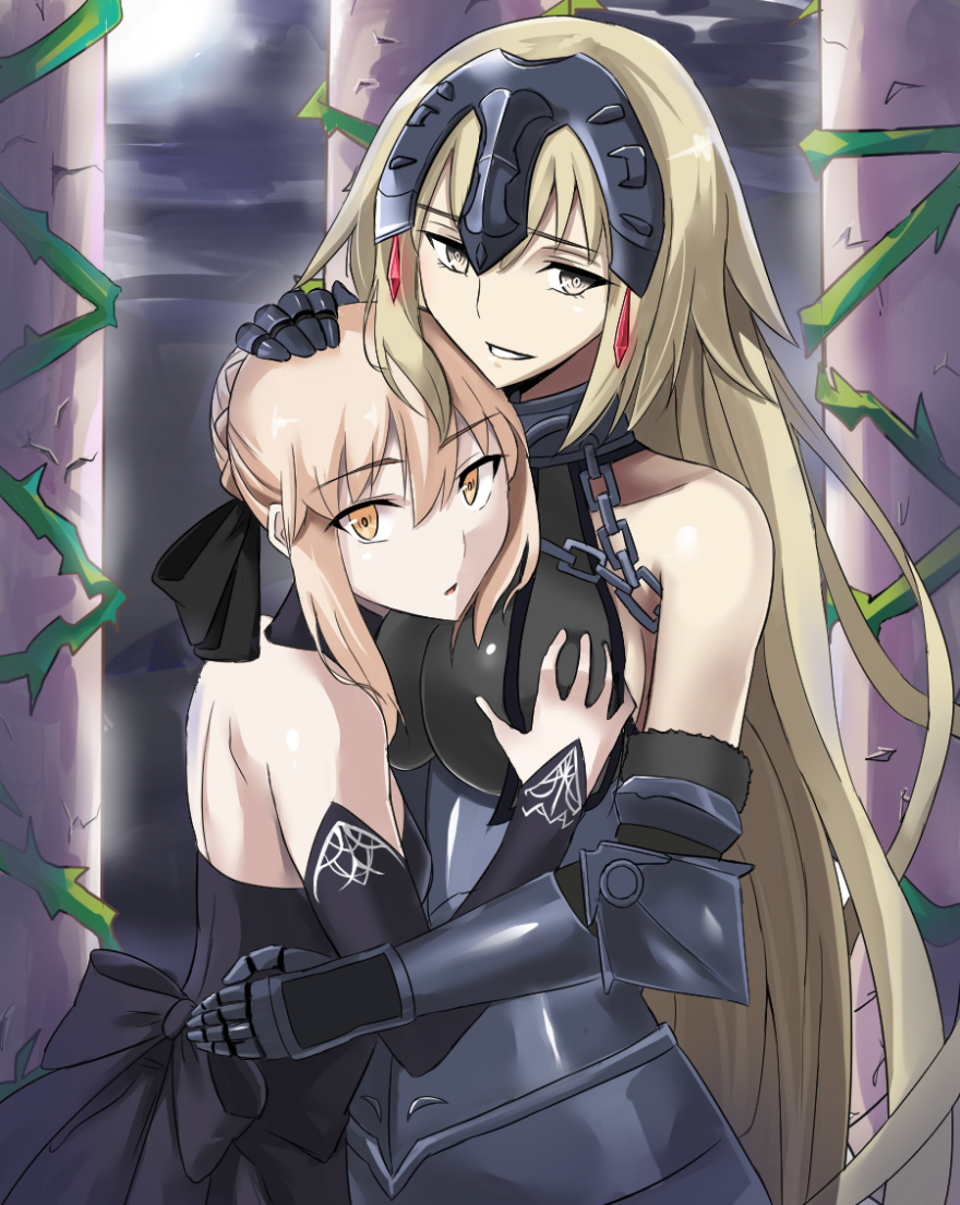2girls armor armored_dress blonde_hair braid breast_grab fate/grand_order fate_(series) gauntlets hair_ribbon hand_on_another's_head headpiece jeanne_alter long_hair looking_at_viewer multiple_girls ribbon ruler_(fate/apocrypha) ruler_(fate/grand_order) saber saber_alter single_braid takara_joney yellow_eyes yuri