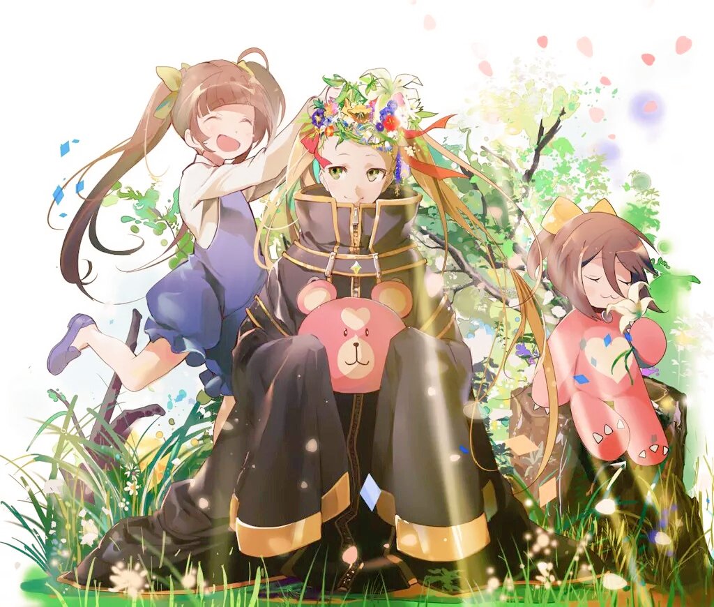 3girls :3 animal_costume aoki_hagane_no_arpeggio bear_costume blonde_hair brown_eyes brown_hair chibi closed_eyes coat flower green_eyes haruna_(aoki_hagane_no_arpeggio) head_wreath kirishima_(aoki_hagane_no_arpeggio) long_hair multiple_girls naye osakabe_makie overalls ponytail short_hair stuffed_animal stuffed_toy teddy_bear tree_stump twintails yotarou_(aoki_hagane_no_arpeggio)