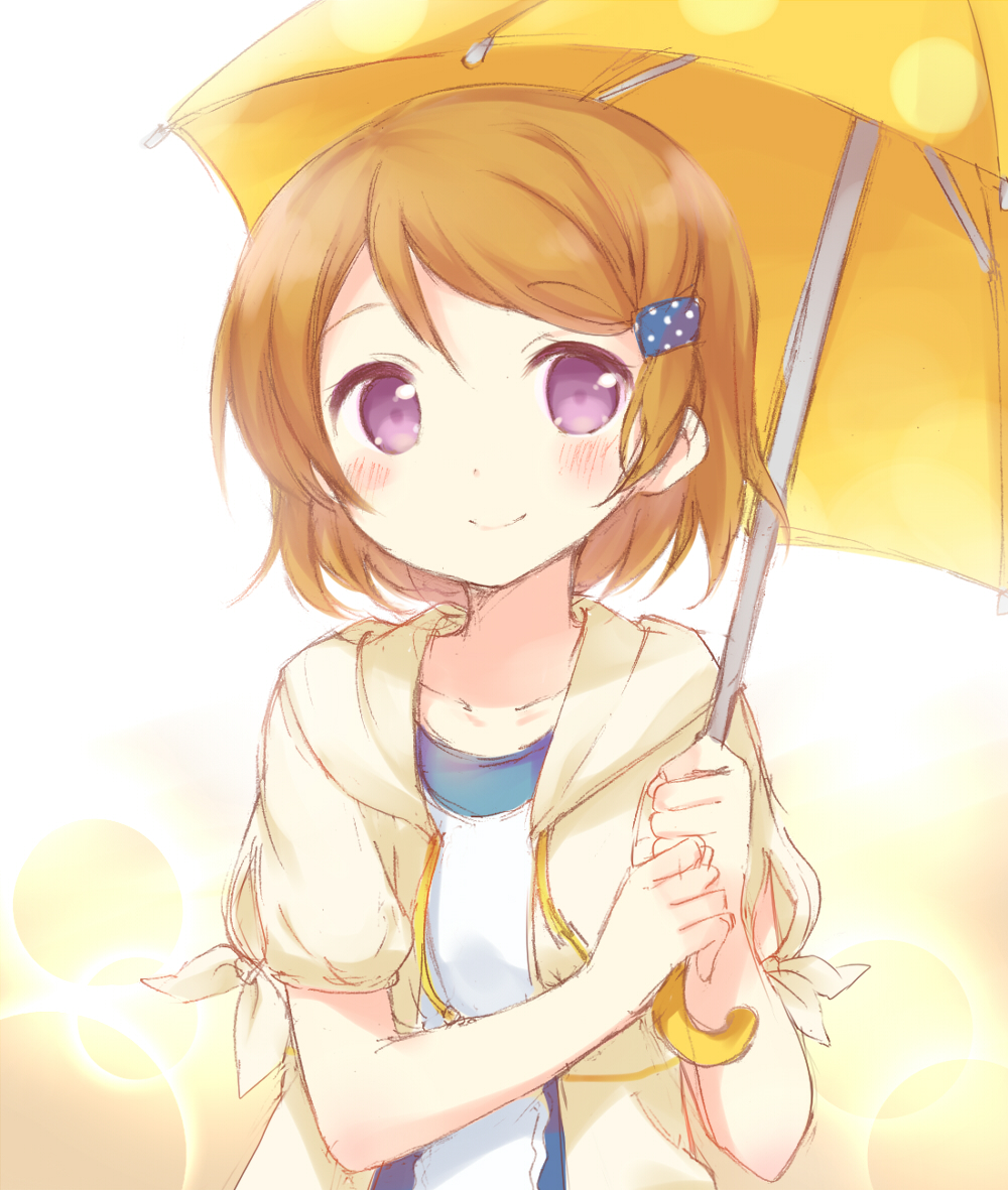 1girl blush brown_hair hazuki_(sutasuta) jacket koizumi_hanayo love_live!_school_idol_project purple_eyes short_hair smile solo umbrella