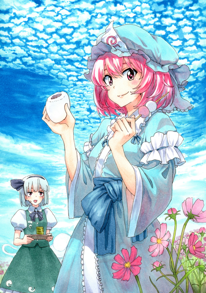 2girls arm_ribbon blue_dress clouds cloudy_sky cup dango dress flower food hair_ribbon hat konpaku_youmu konpaku_youmu_(ghost) long_sleeves marker_(medium) millipen_(medium) mob_cap multiple_girls open_mouth pink_eyes pink_hair puffy_short_sleeves puffy_sleeves ribbon saigyouji_yuyuko sash shiratama_(hockey) shirt short_sleeves skirt skirt_set sky smile teacup touhou traditional_media tray triangular_headpiece vest wagashi wide_sleeves