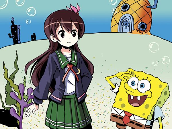 bubble commentary coral_reef crossover food fruit kantai_collection kisaragi_(kantai_collection) pantyhose pineapple remodel_(kantai_collection) salute seaweed sixten spongebob_squarepants spongebob_squarepants_(character) underwater