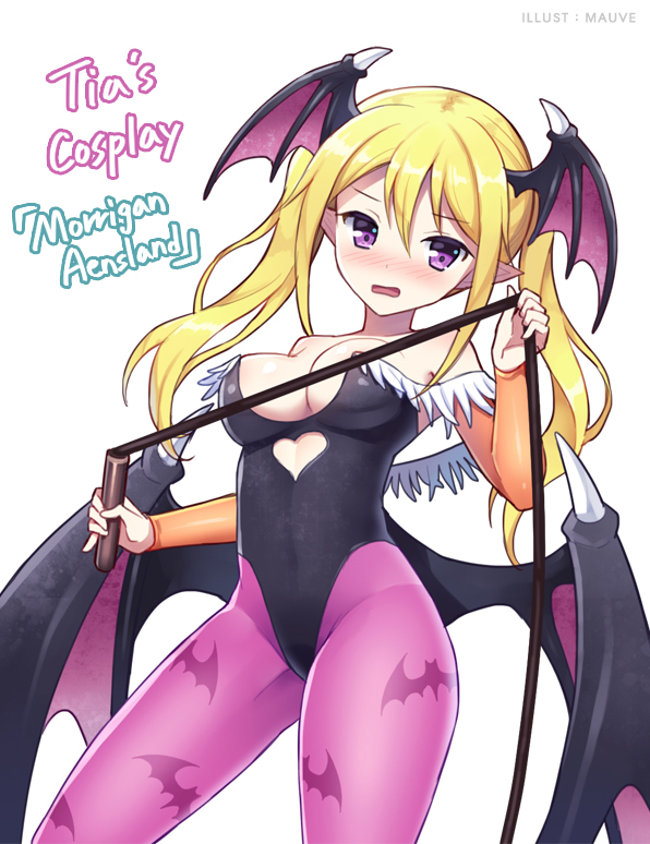 1girl bare_shoulders bat_print blonde_hair blush breasts bridal_gauntlets cleavage cosplay demon_girl demon_wings head_wings large_breasts leotard long_hair looking_at_viewer mauve morrigan_aensland morrigan_aensland_(cosplay) open_mouth pantyhose pointy_ears potion_maker print_legwear simple_background solo tia_(potion_maker) twintails vampire_(game) violet_eyes whip white_background wings