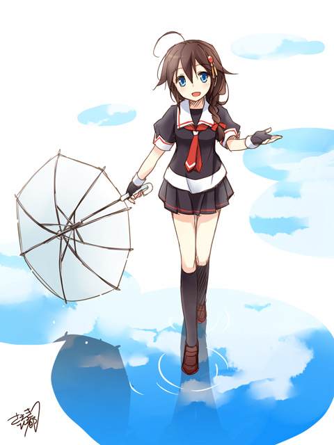 1girl ahoge black_gloves black_legwear black_serafuku blue_eyes braid brown_hair clouds fingerless_gloves gloves hair_flaps hair_ornament hair_ribbon holding holding_umbrella kantai_collection kneehighs loafers long_hair looking_at_viewer open_mouth pleated_skirt puddle reflection remodel_(kantai_collection) ribbon saeki_hokuto school_uniform serafuku shigure_(kantai_collection) shoes short_sleeves signature single_braid skirt sky smile solo umbrella water