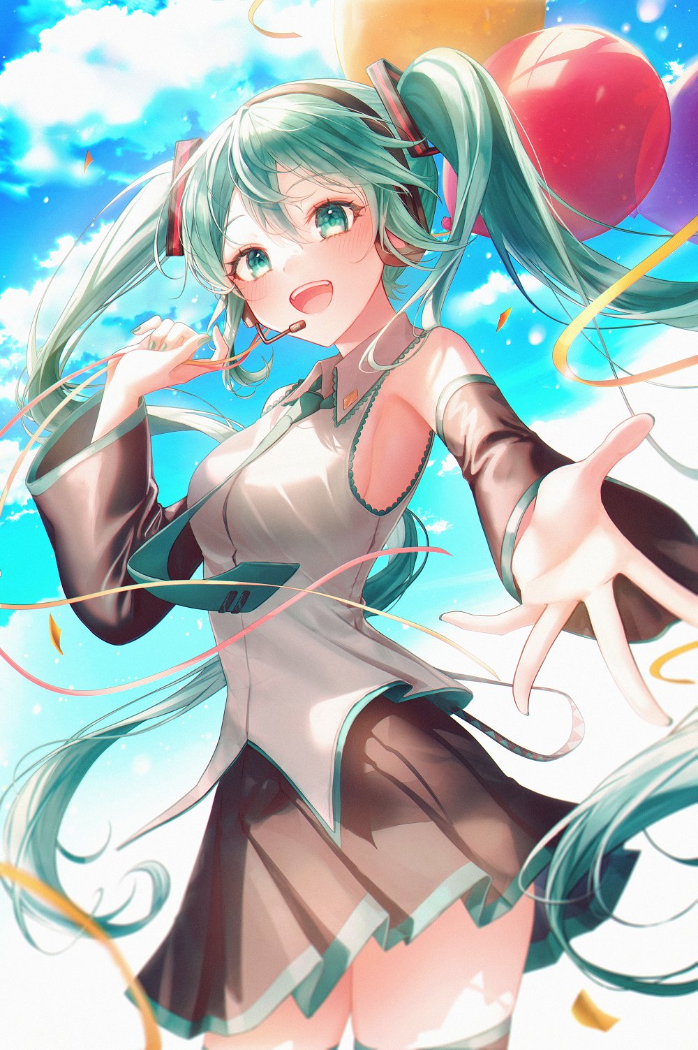1girl 723/nanahumi :d balloon bangs black_skirt black_sleeves blue_sky blush breasts clouds cloudy_sky collared_shirt commentary day detached_sleeves dress_shirt green_eyes green_hair green_necktie hair_between_eyes hatsune_miku headphones headset highres long_hair long_sleeves looking_at_viewer necktie outdoors pleated_skirt revision shirt skirt sky sleeveless sleeveless_shirt small_breasts smile solo teeth tie_clip twintails upper_teeth very_long_hair vocaloid white_shirt wide_sleeves