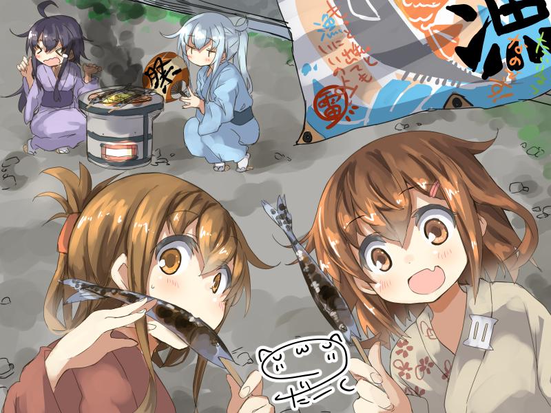 &gt;_&lt; 4girls akatsuki_(kantai_collection) artist_name brown_eyes brown_hair closed_eyes commentary_request darkside fan fang fish_in_mouth folded_ponytail grill hair_ornament hairclip hibiki_(kantai_collection) ikazuchi_(kantai_collection) inazuma_(kantai_collection) japanese_clothes kantai_collection kimono long_hair looking_at_viewer multiple_girls obi open_mouth paper_fan ponytail purple_hair sash saury shichirin short_hair silver_hair squatting tairyou-bata uchiwa yukata