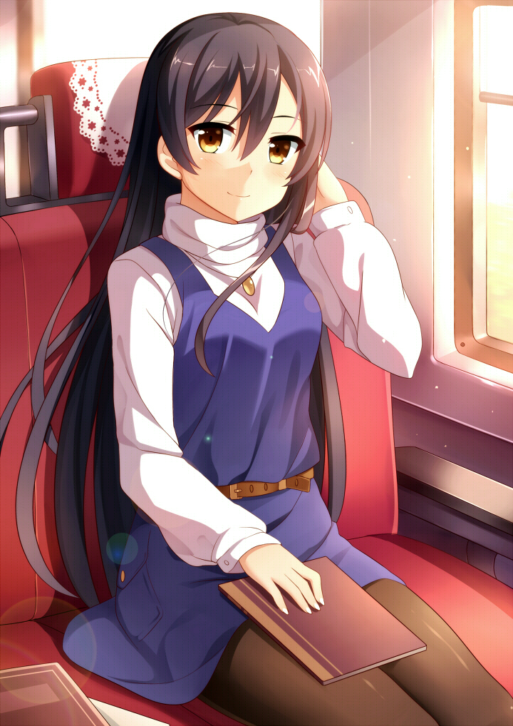 1girl belt blue_dress book_on_lap brown_eyes brown_hair dress dust hair_between_eyes hand_in_hair jewelry light_rays long_sleeves looking_at_viewer love_live!_school_idol_project mmrailgun necklace notebook pantyhose seat sitting smile solo sonoda_umi sunlight train train_interior turtleneck window