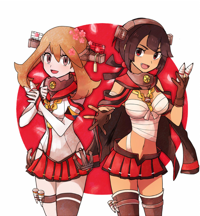 2girls anchor cherry_blossoms cosplay fang haruka_(pokemon) haruka_(pokemon)_(remake) higana_(pokemon) hip_vent kantai_collection kuroi_paseri multiple_girls musashi_(kantai_collection) musashi_(kantai_collection)_(cosplay) ninja pokemon pokemon_(game) pokemon_oras yamato_(kantai_collection) yamato_(kantai_collection)_(cosplay)