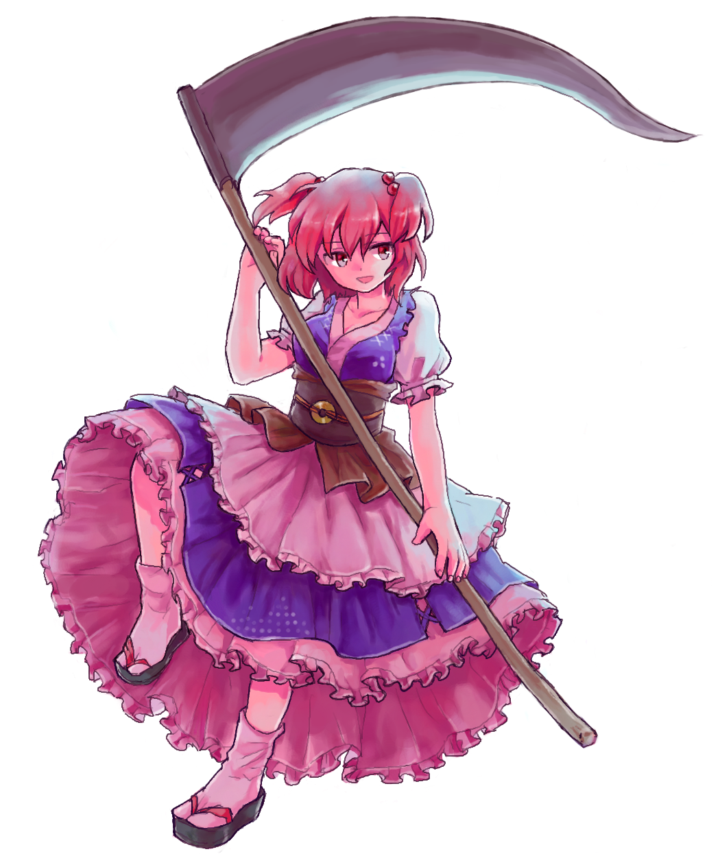 1girl apron breasts cleavage dress frills full_body furorida hair_bobbles hair_ornament highres leg_up obi onozuka_komachi open_mouth puffy_sleeves red_eyes redhead sandals sash scythe short_sleeves simple_background smile socks solo standing_on_one_leg touhou twintails waist_apron white_background