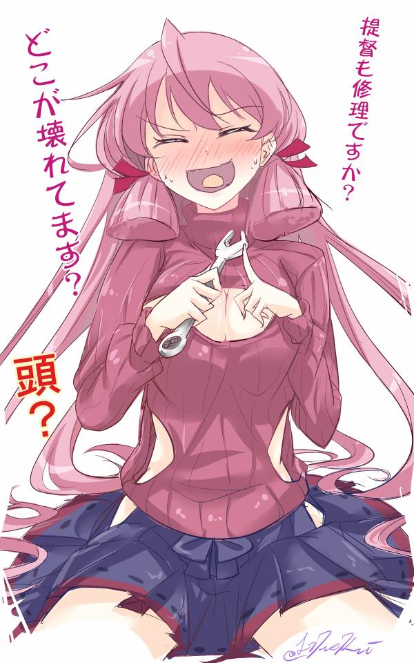 1girl akashi_(kantai_collection) blush breasts cleavage cleavage_cutout closed_eyes hair_ribbon hip_vent kantai_collection large_breasts long_hair lzd open-chest_sweater open_mouth pink_hair ribbed_sweater ribbon side_slit skirt solo sweater translated tress_ribbon turtleneck wrench