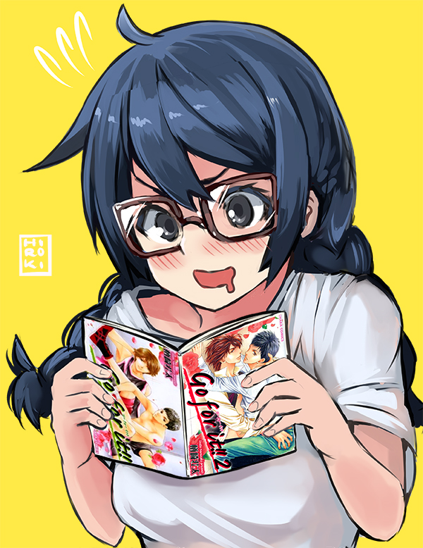 1girl blue_hair blush braid comic drooling fujoshi glasses grey_eyes hiroki_(hirokiart) original reading signature solo twin_braids