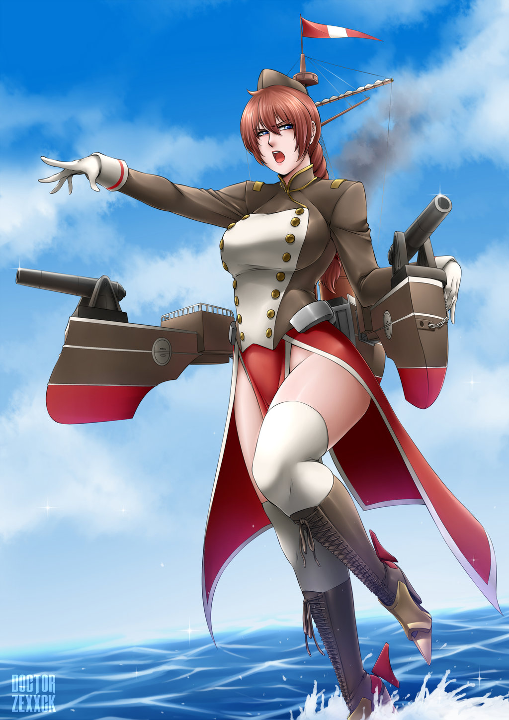 1girl blue_eyes boots braid breasts cannon doctorzexxck frigate_independencia garrison_cap hat high_heel_boots high_heels highres kantai_collection knee_boots large_breasts long_hair machinery no_panties open_mouth original pelvic_curtain peru redhead single_braid solo standing standing_on_water thigh-highs uniform