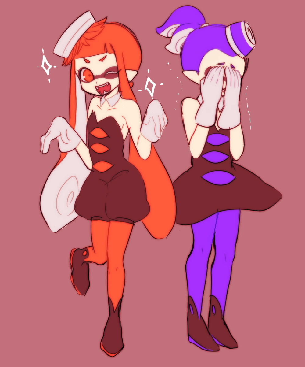 1boy 1girl aori_(splatoon)_(cosplay) blue_hair blue_legwear brown_background covering_face crossdressinging crying detached_collar domino_mask dress embarrassed fangs food food_on_head gloves highres hotaru_(splatoon)_(cosplay) inkling kureson_(o-ginn102) leg_up long_hair looking_at_viewer mask object_on_head one_eye_closed open_mouth orange_eyes orange_hair orange_legwear pantyhose pointy_ears pose shoes short_dress short_hair short_jumpsuit smile sparkle splatoon standing strapless strapless_dress tentacle_hair topknot trembling white_gloves