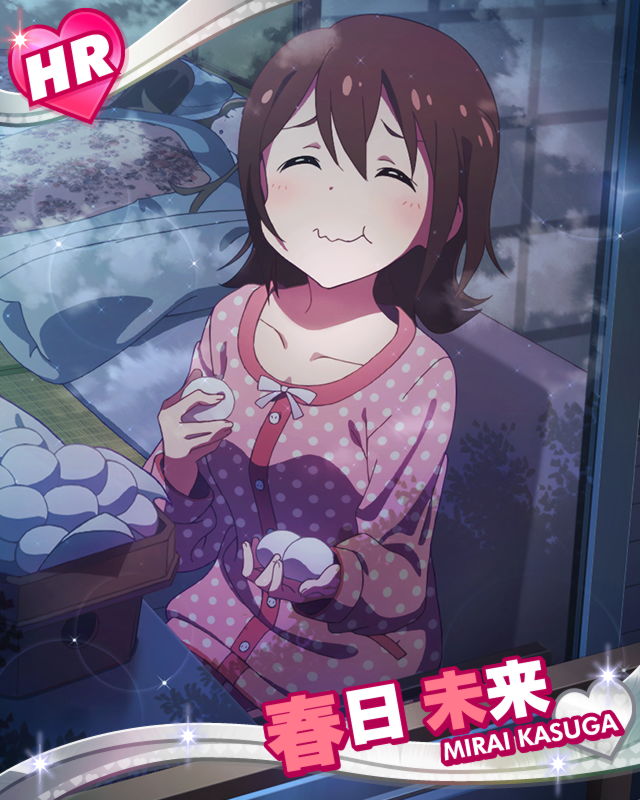 bedsheet blush brown_eyes brown_hair character_name idolmaster idolmaster_million_live! kasuga_mirai night pajama short_hair side_ponytail smile