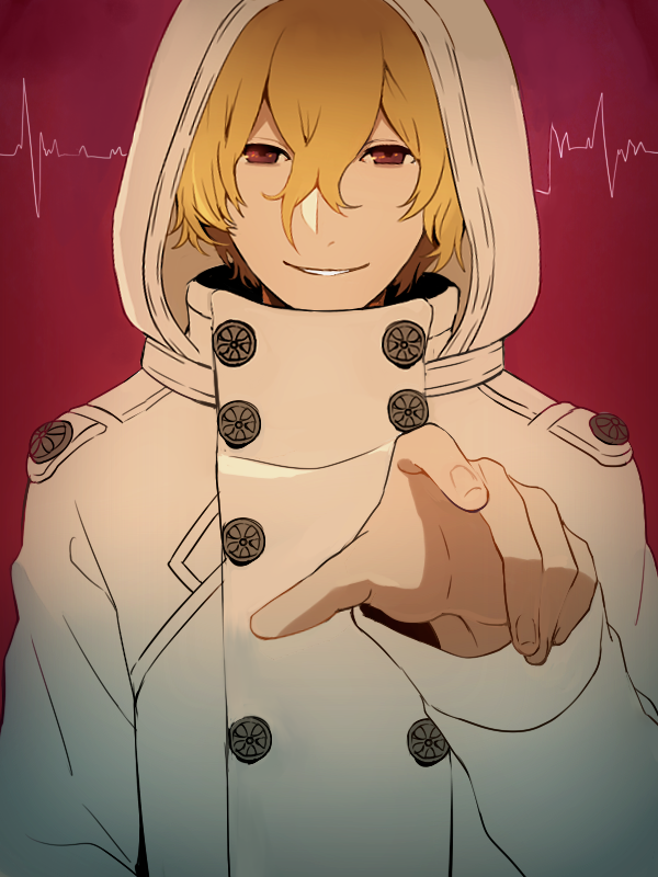 1boy bleach blonde_hair gremmy_thoumeaux hair_between_eyes nuku red_eyes smile solo trench_coat