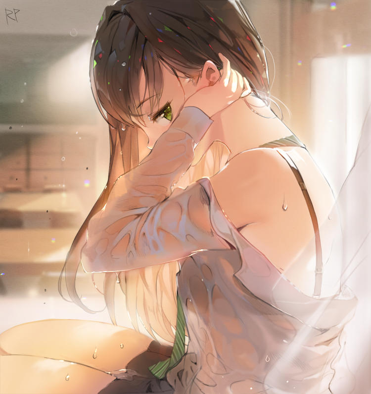 1girl black_bra black_hair bra commentary_request curtains desk drawer from_side green_eyes hand_behind_head idolmaster idolmaster_cinderella_girls indoors looking_at_viewer necktie off_shoulder repi987 revision school school_desk see-through shibuya_rin shirt signature skirt solo underwear water_drop wet wet_clothes white_shirt window