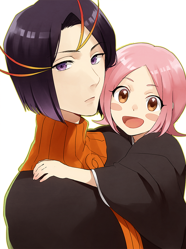 1boy 1girl :d ayasegawa_yumichika bleach blush_stickers brown_eyes kusajishi_yachiru nuku open_mouth pink_hair purple_hair short_hair smile violet_eyes