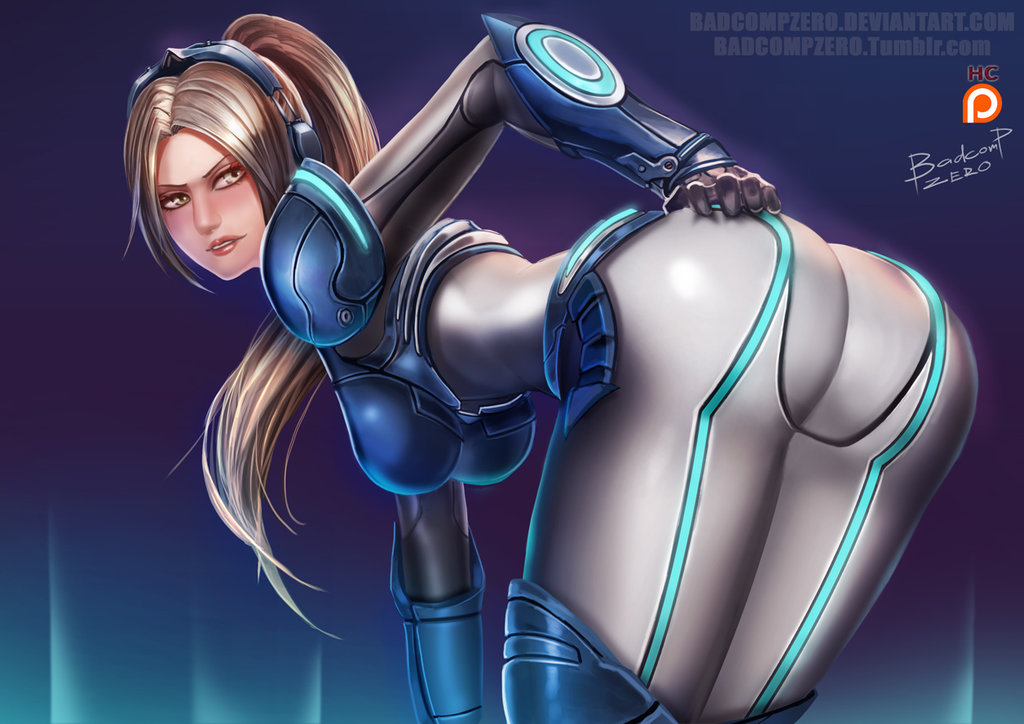 1girl ass badcompzero bent_over blonde_hair bodysuit breasts brown_eyes long_hair looking_back nova_(starcraft) ponytail solo starcraft thighs