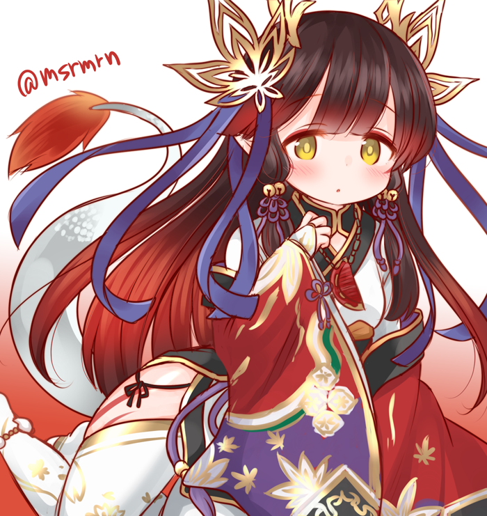 1girl black_hair blush character_request chinese_clothes gradient_hair hair_ornament hair_ribbon long_hair looking_at_viewer marshmallow_mille multicolored_hair puzzle_&amp;_dragons redhead ribbon solo tail thigh-highs tsubaki_(p&amp;d) twitter_username yellow_eyes