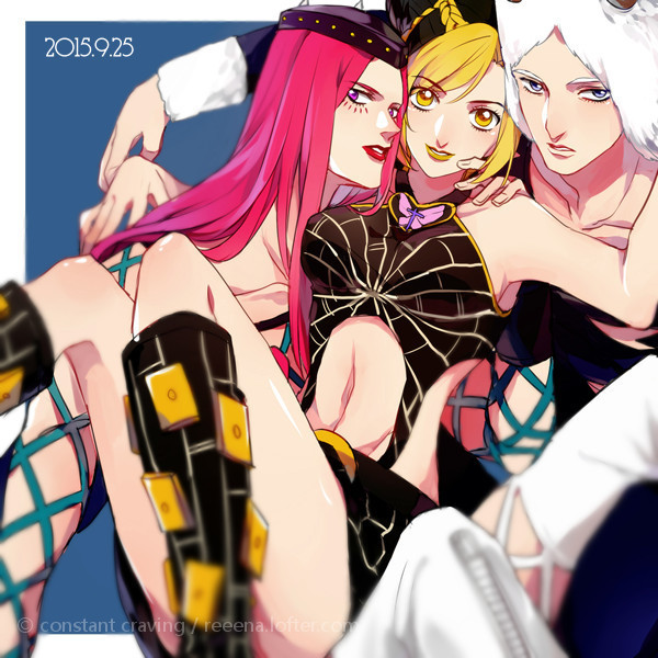 1girl 2boys black_hair blonde_hair furry_hat jojo_no_kimyou_na_bouken kuujou_jolyne multiple_boys narciso_anasui pink_hair rena_(renasight) weather_report