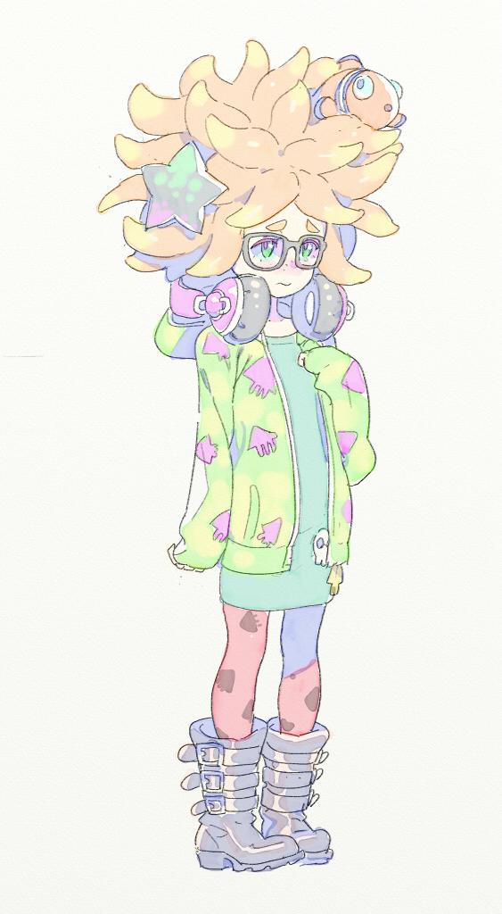 1girl anemo_(splatoon) animal animal_print belt black_boots blonde_hair blush boots clownfish colored_eyelashes fish freckles full_body gradient_hair green_eyes green_shirt hair_ornament headphones headphones_around_neck hood hood_down hooded_jacket jacket kumano_(splatoon) long_sleeves looking_up multicolored_hair nagisa_kurousagi open_clothes open_jacket open_mouth orange_hair orange_legwear pantyhose shirt short_hair silver_background skull sleeves_past_wrists solo splatoon squid squid_print standing star_hair_ornament starfish tentacle_hair