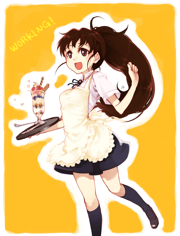 1girl apron brown_eyes brown_hair food ice_cream long_hair mojirow ponytail skirt smile socks solo spoon sundae taneshima_popura waitress working!!