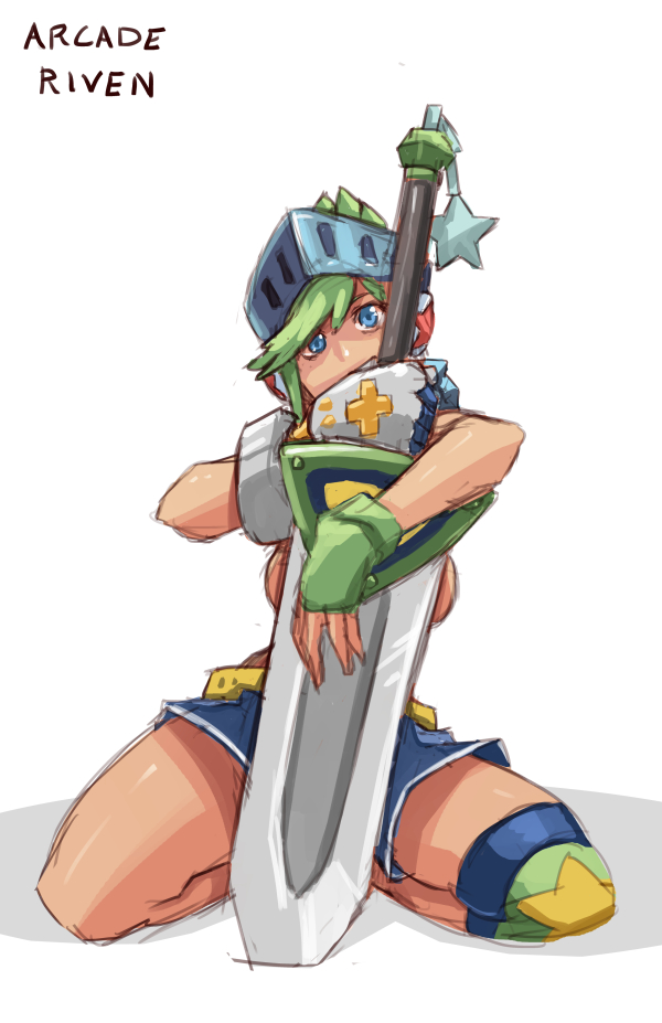 1girl alternate_costume arcade_(league_of_legends) blue_eyes breasts character_name convenient_censoring fingerless_gloves gloves green_hair helmet huge_weapon kneeling league_of_legends mismatched_gloves planted_sword planted_weapon riven_(league_of_legends) shorts sideboob solo sword topless weapon whistle_frog