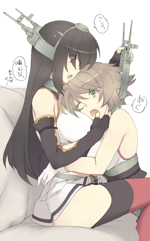 2girls bare_shoulders breasts brown_hair elbow_gloves finger_in_another's_mouth gloves green_eyes hairband hand_on_another's_head head_rest headband headgear headgear_removed hug kantai_collection large_breasts looking_at_another midriff miniskirt multiple_girls mutsu_(kantai_collection) nagato_(kantai_collection) nakadori_(movgnsk) one_eye_closed red_eyes short_hair sitting skirt sleeveless thigh-highs translation_request yuri