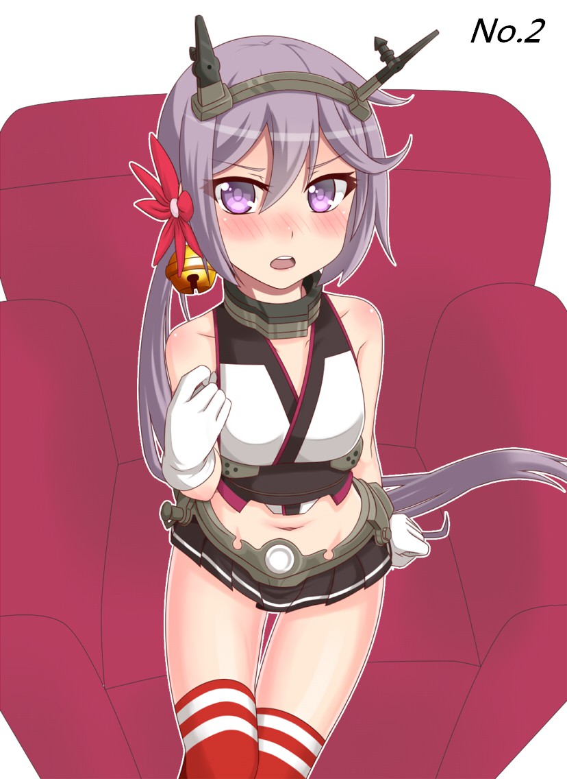 1girl akebono_(kantai_collection) bell blush chair cosplay flower from_above gloves hair_bell hair_flower hair_ornament headband jingle_bell kantai_collection kusosaika long_hair looking_up midriff miniskirt mutsu_(kantai_collection) mutsu_(kantai_collection)_(cosplay) navel open_mouth purple_hair side_ponytail sitting skirt sleeveless solo thigh-highs very_long_hair violet_eyes yuki_to_hana