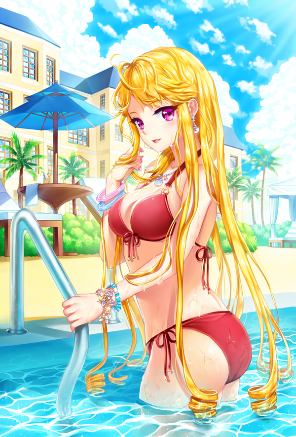 1girl ass bikini blonde_hair bracelet bush chair cinia_pacifica cute earrings front-tie_top jewelry long_hair looking_at_viewer lounge_chair parted_lips partially_submerged plump red_bikini shainea side-tie_bikini swimsuit sword_girls tent umbrella violet_eyes wading water wet