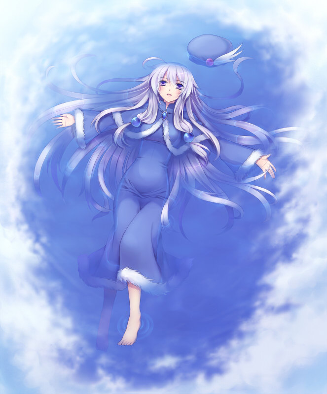 1girl blue_dress blush character_request clouds cloudy_sky commentary_request copyright_request dress hat hat_removed headwear_removed hino_(mooncalf+t) long_hair partially_submerged reflection silver_hair sky smile solo violet_eyes water