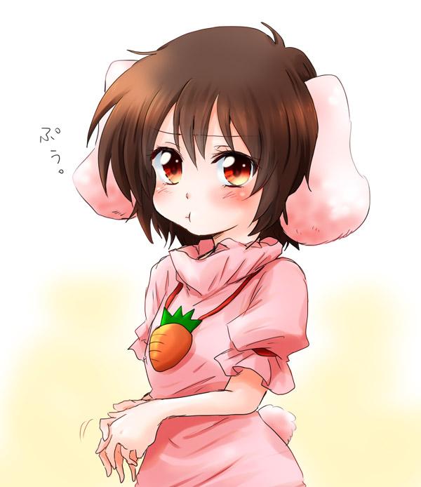1girl animal_ears blush brown_hair bunny_tail carrot_necklace commentary_request dress hands_together inaba_tewi looking_at_viewer pout puffed_cheeks rabbit_ears red_eyes short_hair shy solo tail touhou unya