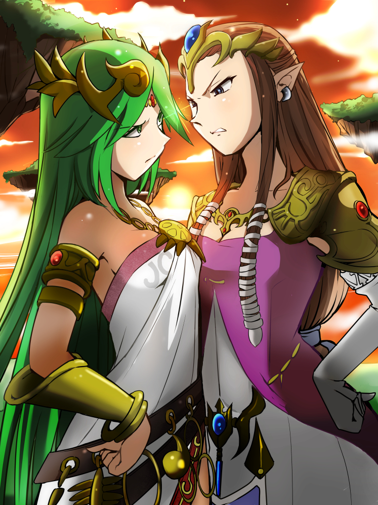 2girls angry bare_shoulders blue_eyes breast_press brown_hair dress earrings eichi1219 elbow_gloves eye_contact floating_island glaring gloves green_eyes green_hair hand_on_hip jewelry kid_icarus long_hair looking_at_another low-tied_long_hair multiple_girls necklace palutena pauldrons pointy_ears princess_zelda strapless_dress sunset super_smash_bros. symmetrical_docking the_legend_of_zelda the_legend_of_zelda:_twilight_princess tiara very_long_hair white_gloves
