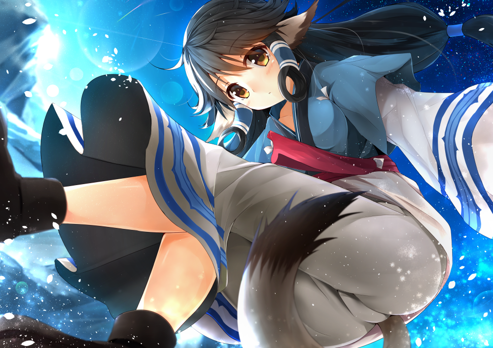 1girl animal_ears aruruw black_hair dog_ears dog_tail long_hair looking_at_viewer minari_(minari37) solo tail traditional_clothes utawareru_mono utawareru_mono:_itsuwari_no_kamen yellow_eyes