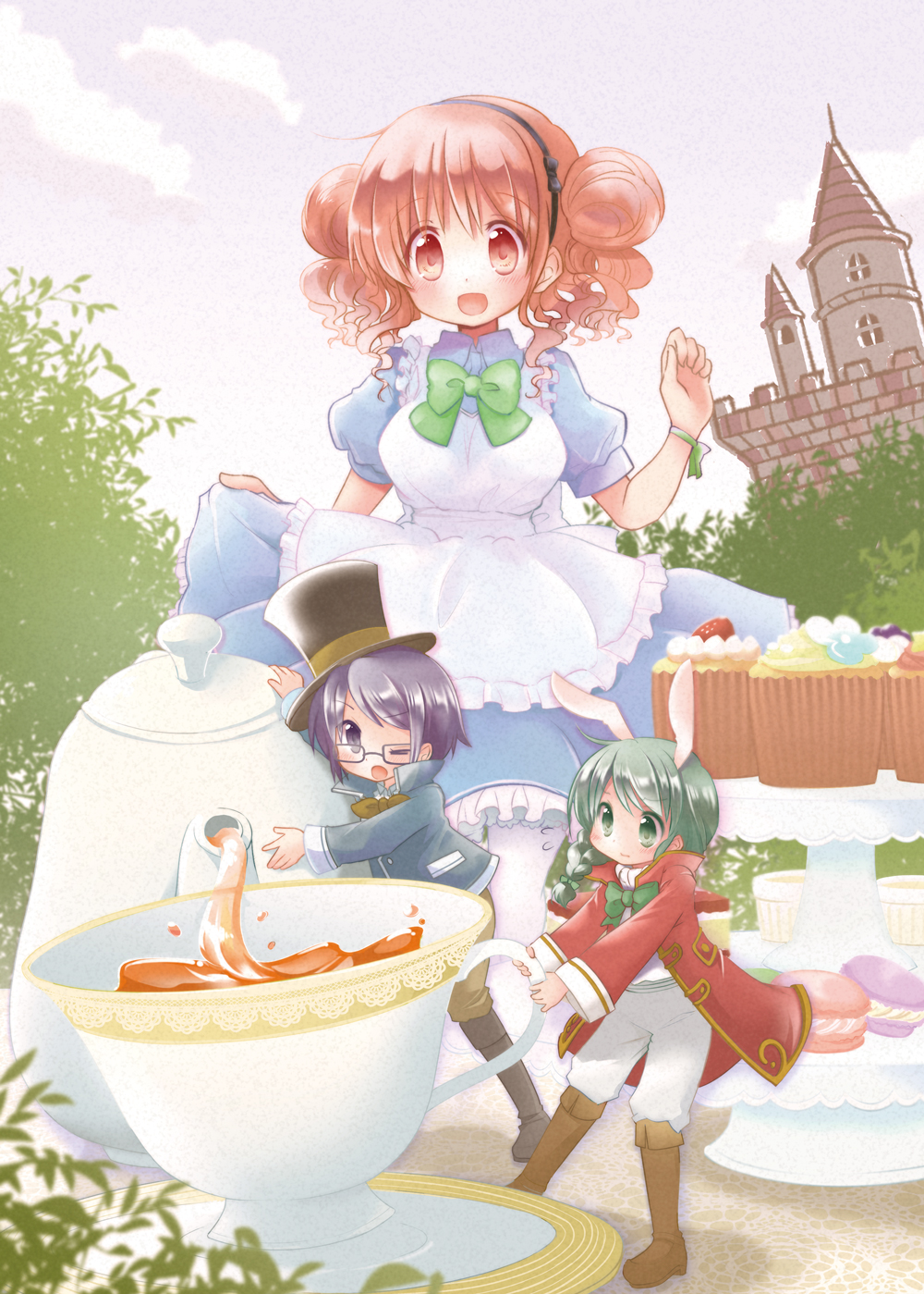 3girls :d alice_in_wonderland blush bow breasts cup cupcake double_bun glasses green_eyes green_hair hat hidamari_sketch highres hiro macaron minigirl multiple_girls natsume_(hidamari_sketch) one_eye_closed open_mouth pantyhose purple_hair quro_(black_river) ribbon sae saucer short_hair smile teacup teapot top_hat violet_eyes wrist_ribbon