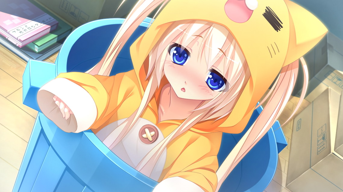 1girl :o animal_costume artist_request blonde_hair blue_eyes blush bucket child dutch_angle game_cg in_bucket in_container jpeg_artifacts koiseyo!!_imouto_banchou long_hair long_sleeves nogami_mashiro nose_blush sidelocks sleeves_past_wrists solo trash_can