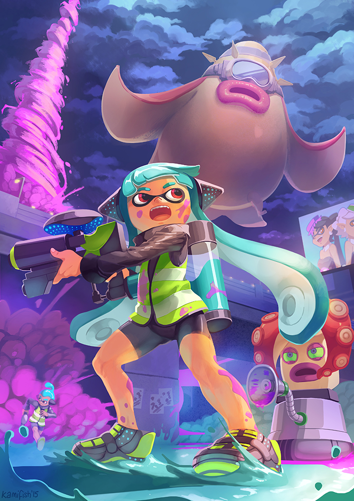 1boy 3girls agent_3 aori_(splatoon) bike_shorts billboard domino_mask goggles headphones highway hotaru_(splatoon) inkling kamifish long_hair mask multiple_girls octarian octotrooper open_mouth pointy_ears poster sign splatoon super_soaker tentacle_hair