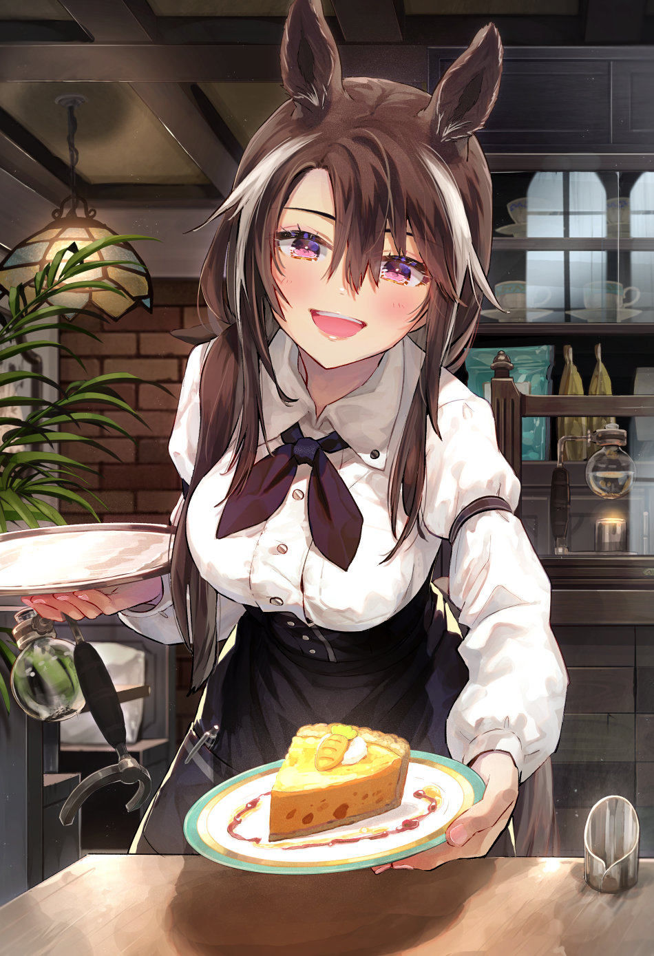 1girl :d animal_ears arm_garter arm_strap bangs black_neckwear black_skirt blouse blush bottle breasts brick_wall brown_hair buttons cafe character_request collared_blouse commentary_request cupboard food hair_between_eyes high-waist_skirt highres holding holding_plate horse_ears horse_girl large_breasts long_hair long_sleeves looking_at_viewer multicolored_hair open_mouth outstretched_arm plant plate reaching_out red_eyes shortcake sidelocks skirt smile solo streaked_hair syuri22 table two-tone_hair umamusume waitress white_blouse white_hair wing_collar